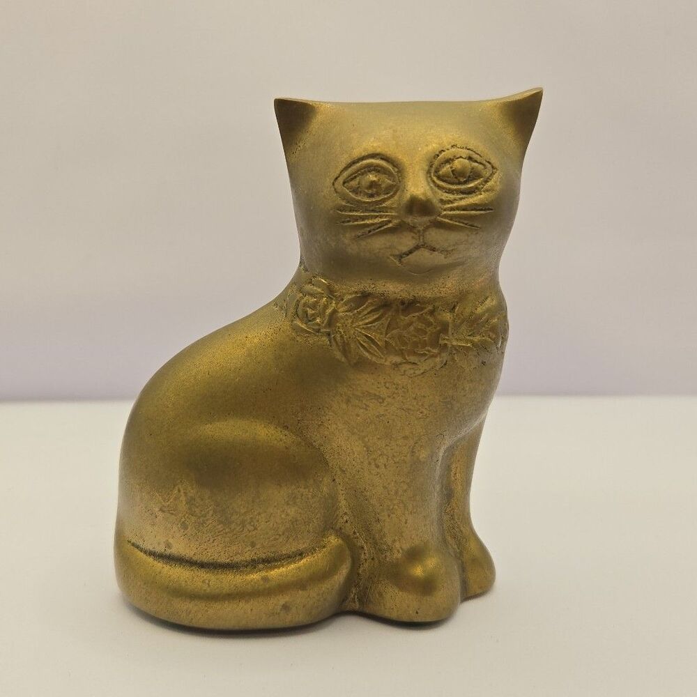 VTG Brass Cat Statue Andrea by Sadek Figurine 4.5" Made in Korea Paperweight MCM